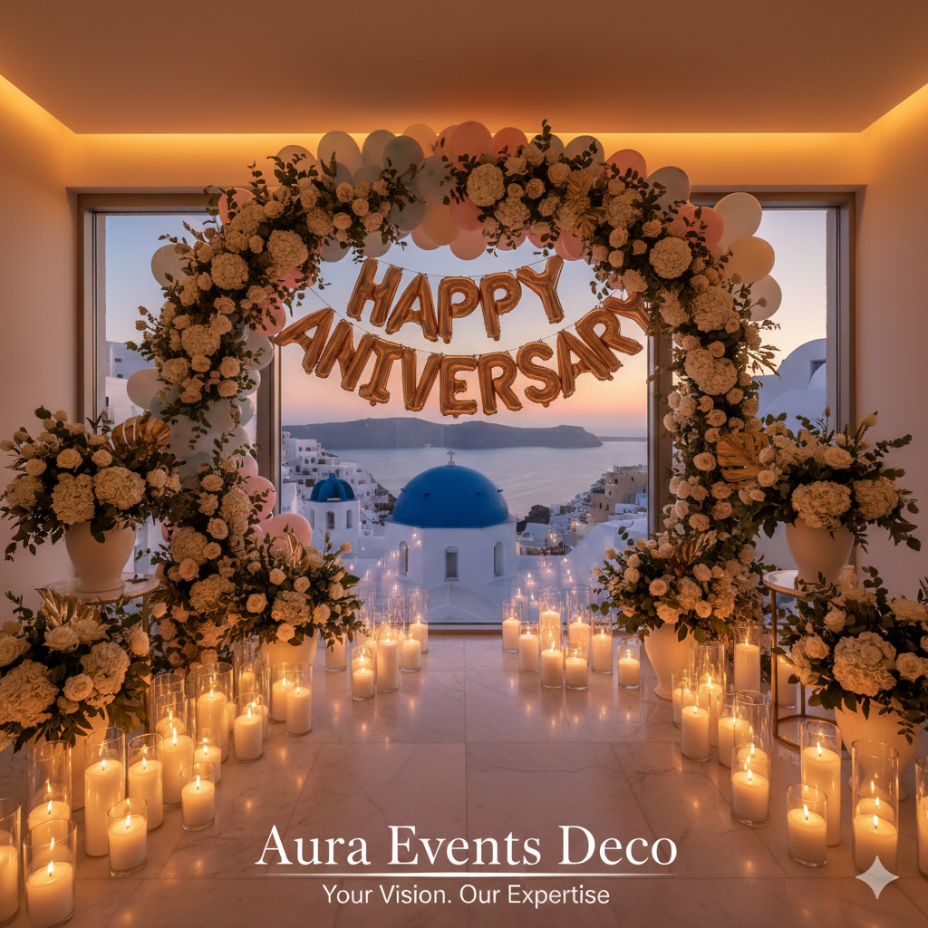 Happy Anniversary luxury celebration in Santorini with elegant decor, bespoke styling, and a romantic Aegean setting by Aura Events Deco