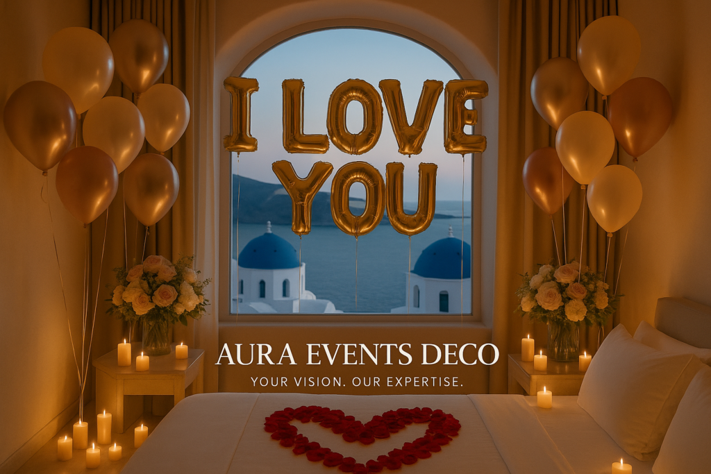 Luxury She Said Yes in Santorini. I Love You romantic luxury experience in Santorini with elegant decor, bespoke styling, and an intimate Aegean sunset setting by Aura Events Deco