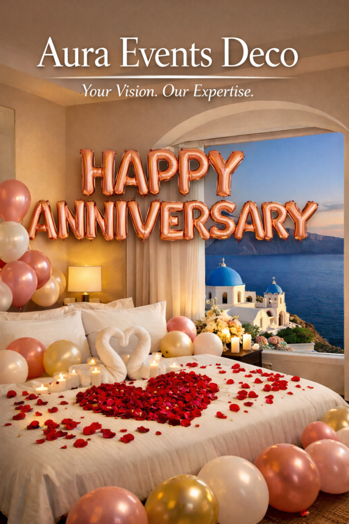Happy Anniversary luxury celebration in Santorini with elegant event decor, bespoke styling, and a romantic caldera sunset by Aura Events Deco