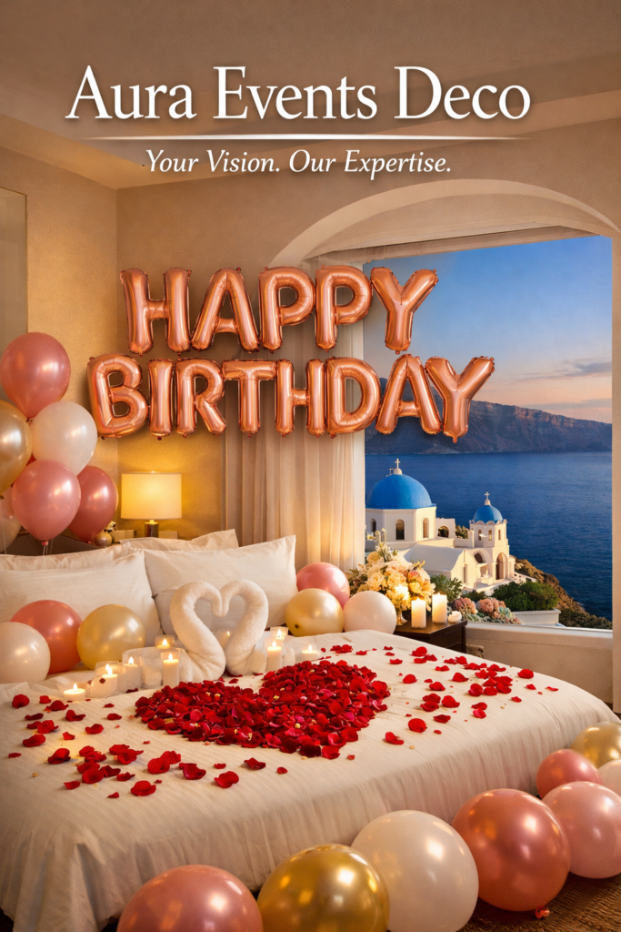 Happy Birthday luxury celebration in Santorini with bespoke event decor, elegant styling, and a refined Aegean setting by Aura Events Deco