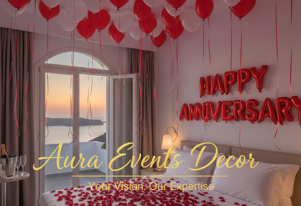Happy Anniversary luxury celebration in Santorini with elegant event decor, bespoke styling, and a romantic caldera sunset by Aura Events Deco