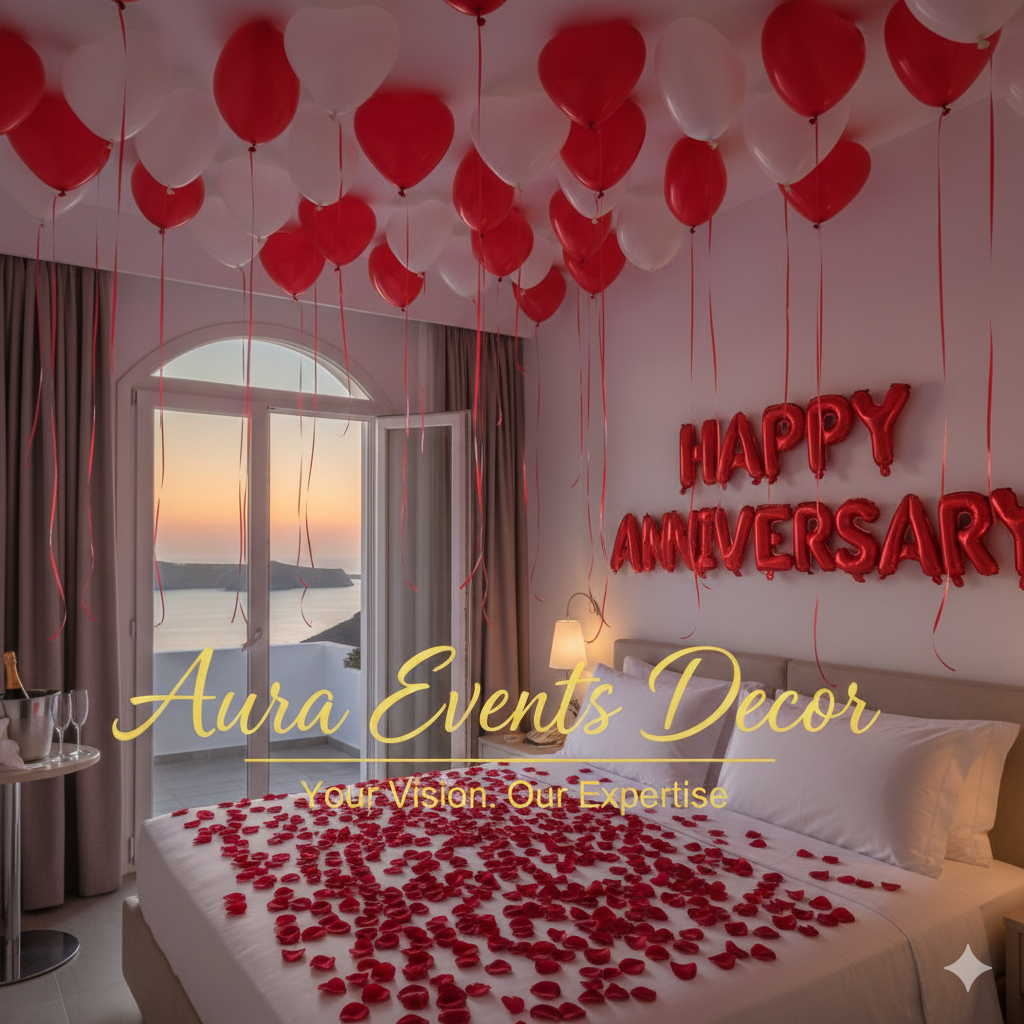 Happy Anniversary luxury celebration in Santorini with elegant event decor, bespoke styling, and a romantic caldera sunset by Aura Events Deco