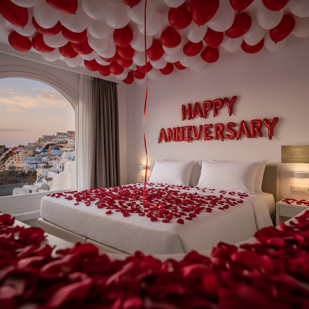 Happy Anniversary luxury celebration in Santorini with elegant event decor, bespoke styling, and a romantic caldera sunset by Aura Events Deco