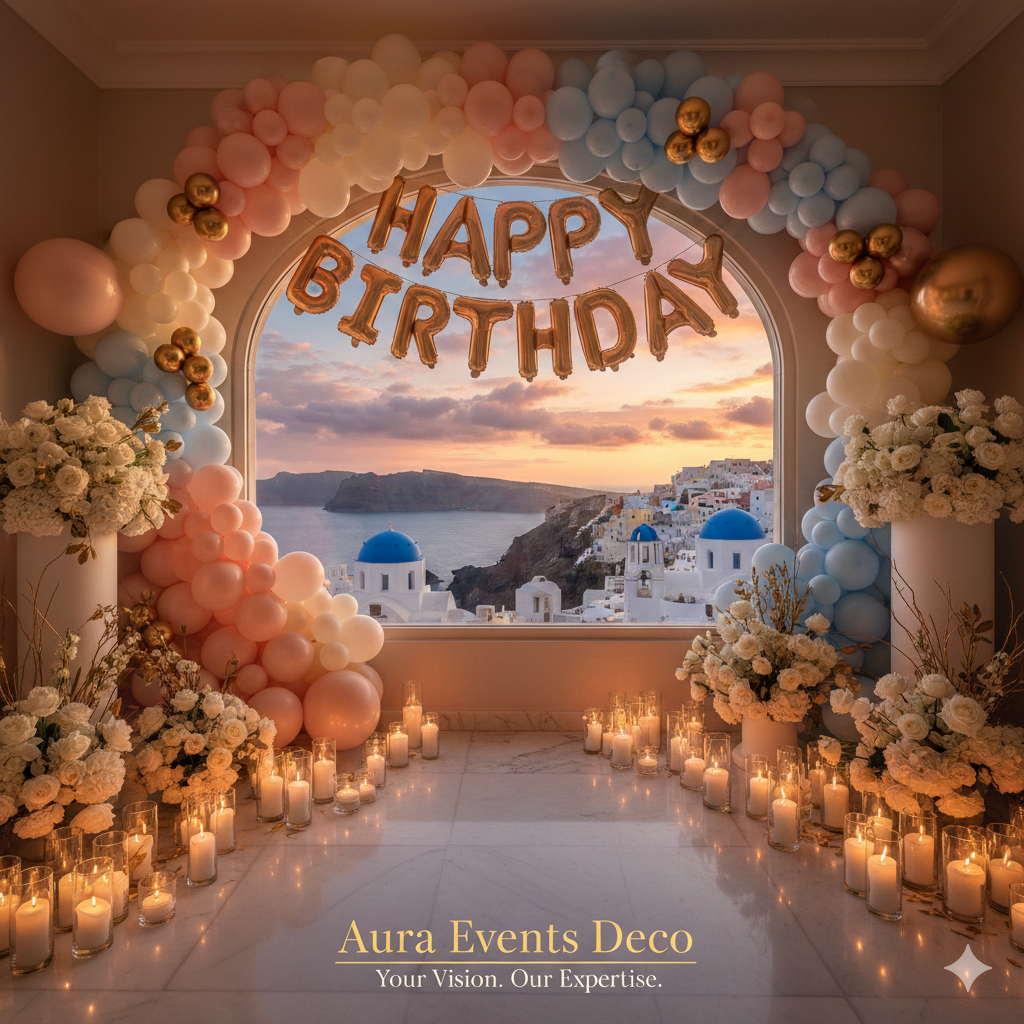 Signature Santorini luxury moment crafted with personalized décor and timeless elegance.