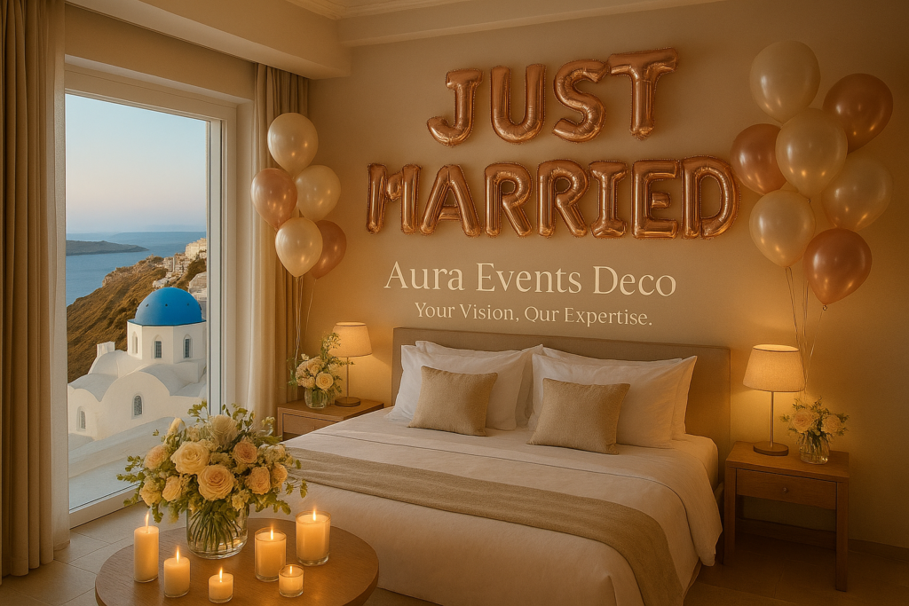 Romantic just married celebration in Santorini with elegant floral decoration