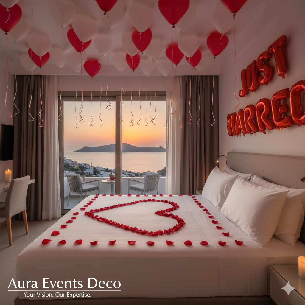 Luxury just married experience in Santorini with romantic décor, candles and sea view