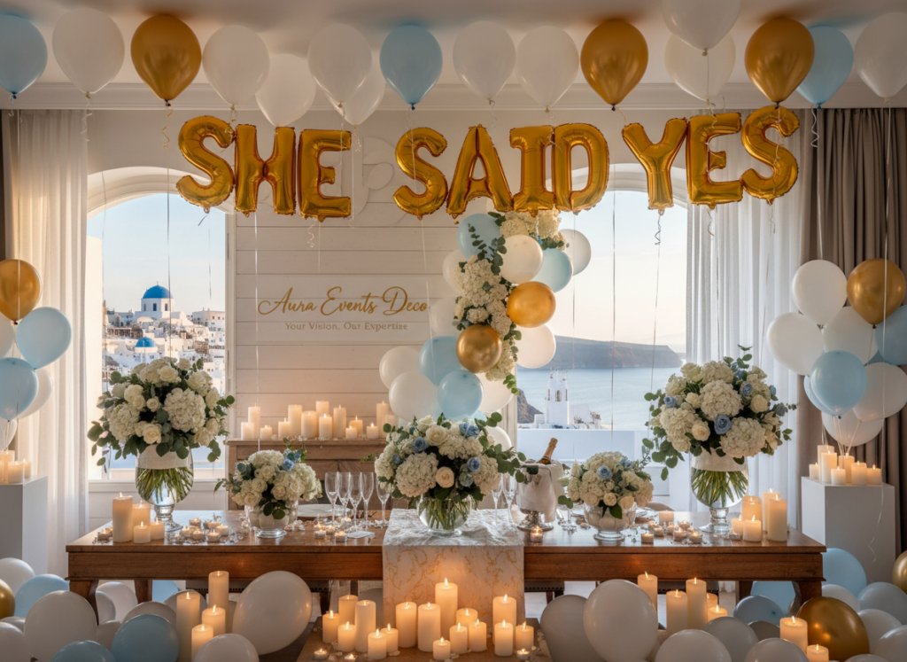 She said Yes marriage proposal in Santorini with luxury event styling, bespoke decor, and a romantic caldera sunset by Aura Events Deco