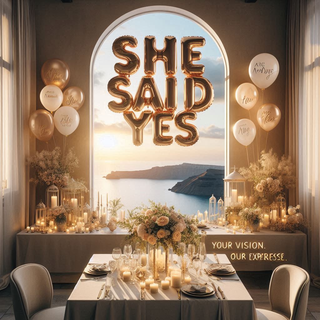 She said Yes marriage proposal in Santorini with luxury event styling, bespoke decor, and a romantic caldera sunset by Aura Events Deco