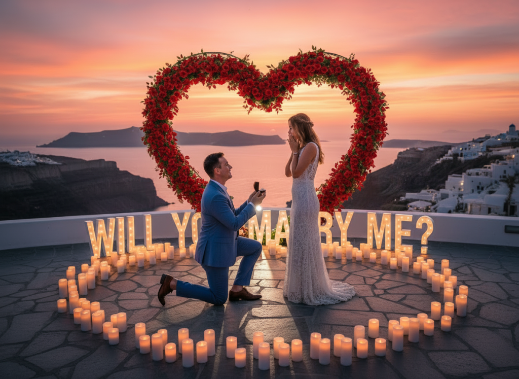 Luxury event styling in Santorini curated for an intimate celebration in a private caldera location.