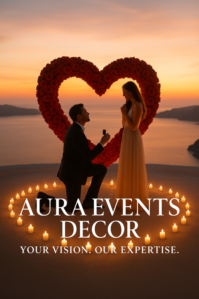 Heart-shaped floral arch with candles for luxury marriage proposal in Santorini