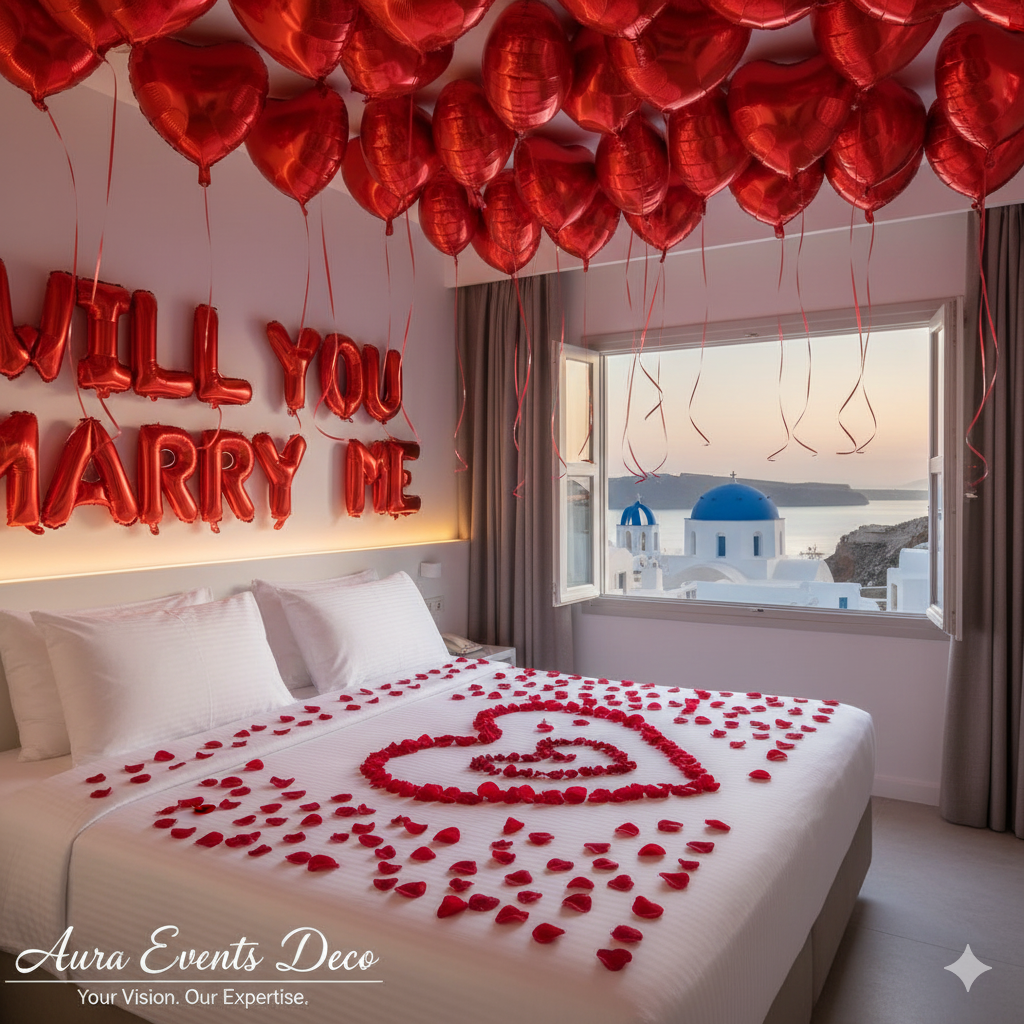 Table set with flowers, candles, and champagne for “Will You Marry Me” experience