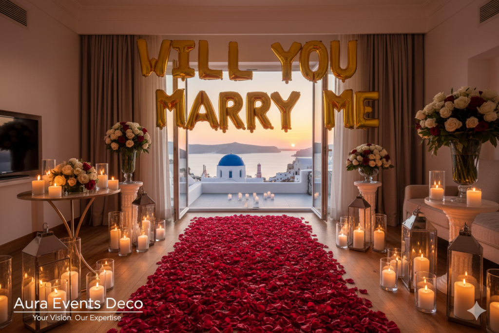 Couple celebrating engagement surrounded by luxury décor in Santorini