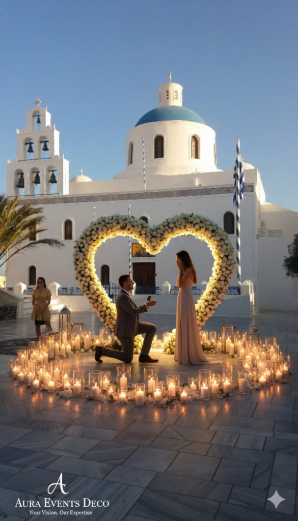 Romantic red carpet pathway leading to intimate proposal setting in Santorini