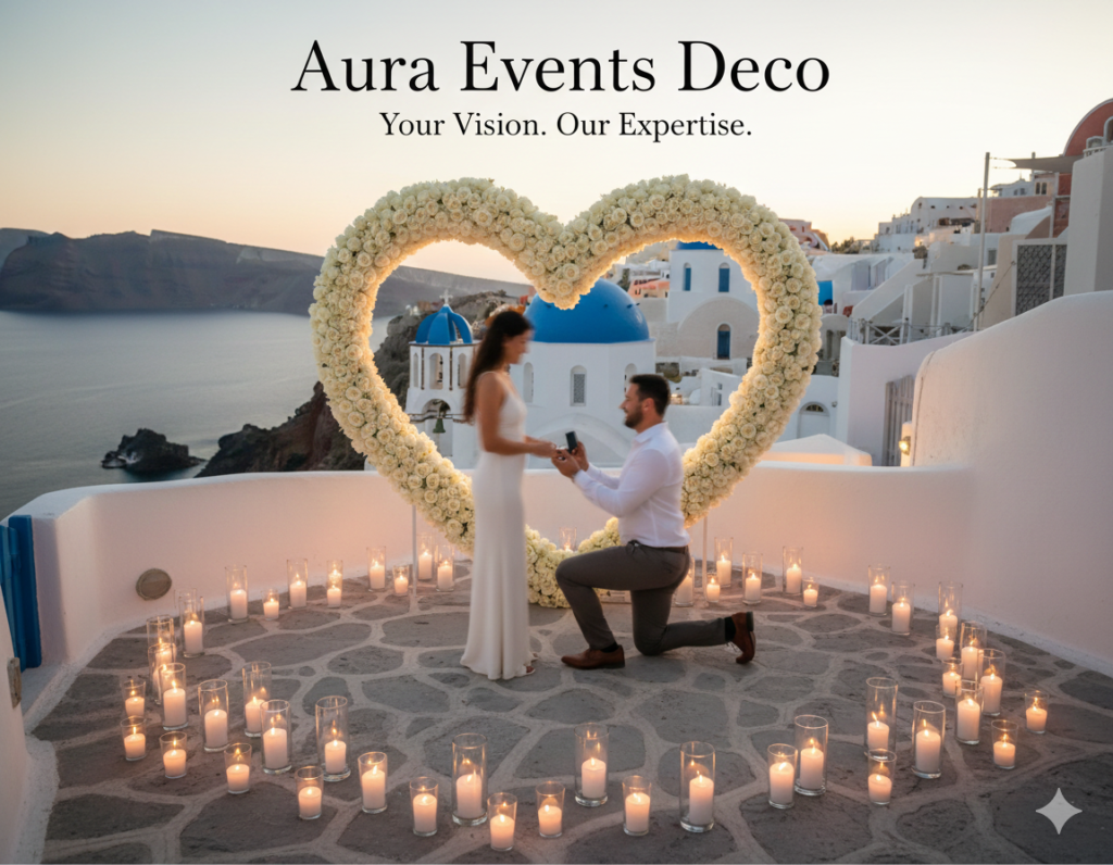 Close-up of romantic proposal details: flowers, candles, and proposal ring